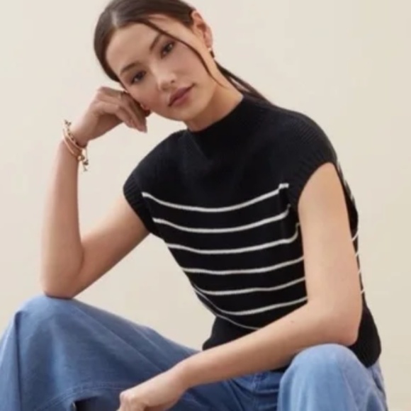 Anthropologie Maeve Mock Neck Women's Sweater Tee SIZE XXSMALL Black and White - Picture 1 of 8